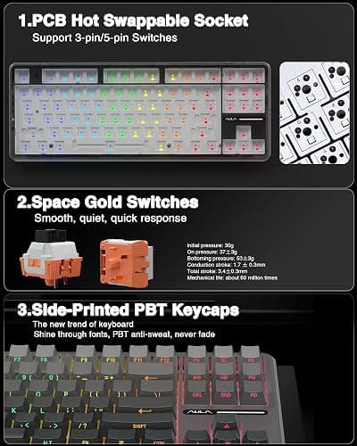 AULA F87 Pro Wireless Mechanical Keyboard,Tri-Mode BT5.0/2.4GHz/USB-C Hot Swappable Custom Keyboard,Pre-lubed Switches,Side Printed PBT Keycaps,75% TKL RGB Backlit Gaming Keyboards thumbnail 5