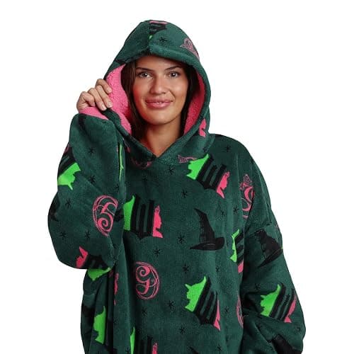 Bioworld Wicked Part 1 Witch & Glinda Seal All-Over Print Adult Green Long Sleeve Comfy Hooded Blanket thumbnail 2
