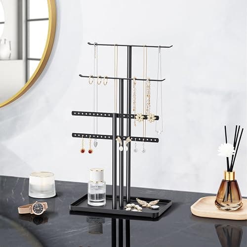 Jewelry Stand Organizer, 14.5" Tall Sturdy Metal, 3-Tier Jewelry Holder for Necklace, Earring, Bracelet, Ring, Hanger for Display and Storage, Aesthetic Room Decor, Black thumbnail 2