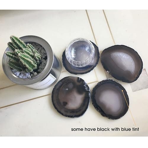 AMOYSTONE Natural Black Agate Coasters Set of 4 Agate Stone Sciles Handmade Coasters for Coffee Table Desk Cup, Small 3-4" thumbnail 2