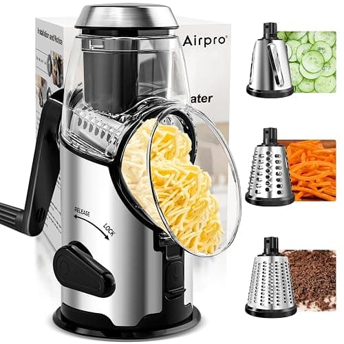 Airpro Rotary Cheese Grater with Handle - Vegetable Shredder with 3 Stainless Steel Blades & Strong Suction Base,Round Mandoline Slicer & Food Chopper for Kitchen - Image 1