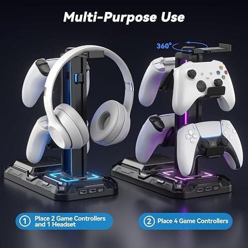 KDD Headphone & Controller Stand with Wireless Charging - Rotatable Headset Stand with 9 Light Modes - Controller Holder with 2 USB and Type C Ports - for Gamers Desktop Accessories thumbnail 6