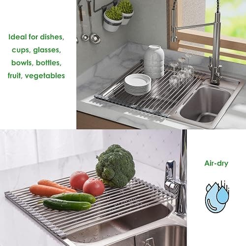 Tomorotec Roll Up Dish Drying Rack, Over The Sink Dish Drying Rack, Portable Stainless Steel Rolling Rack Multipurpose Kitchen Drainer Caddy Organizer Storage Shelf Holder, Gray - 17.7" x 11.5" thumbnail 3