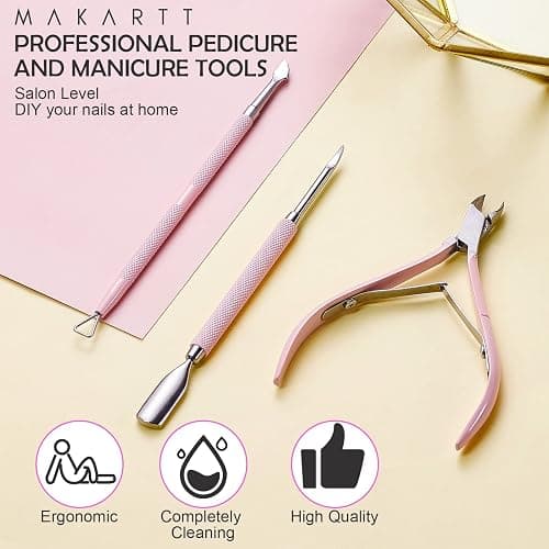 Makartt Cuticle Trimmer with Cuticle Pusher, 3 PCS Pink Nail Cuticle Nipper Professional Pedicure Manicure Tools with Stainless Steel Dual End Pusher, Nail Scraper thumbnail 7