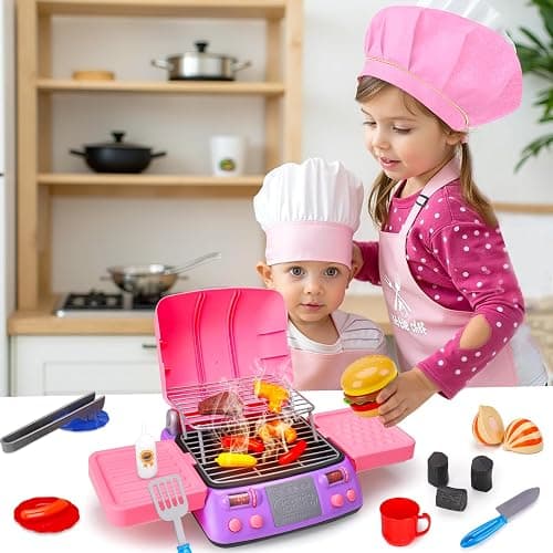 Kids BBQ Grill Playset with Coooking Apron Hat Toddler Girl Pink Kitchen Toy Ages 3-5 4-8 Pretend Smoke Sound Light Outdoor Barbecue Accessories Toy for 3 4 5 Year Old Girl Birthday Gift thumbnail 8