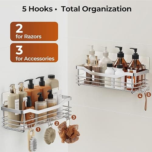Orimade Shower Caddy Basket Shelf with 5 Hooks Adhesive Organizer Storage Rack Rustproof Wall Mounted Stainless Steel No Drilling for Bathroom, Toilet, Kitchen - 2 Pack thumbnail 7