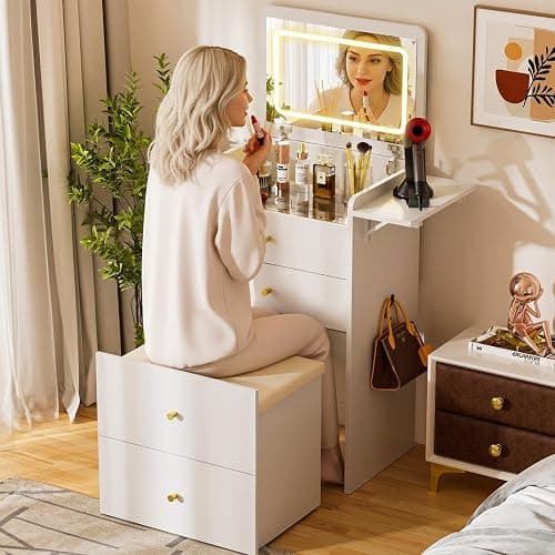 COMHOMA Makeup Vanity Desk with Mirror and Lights, Small 3 in 1 Vanity Table with Visible Glass Top, Flip Top & 3 Drawers, Compact Dressing with Storage Stool for Room or Office thumbnail 3