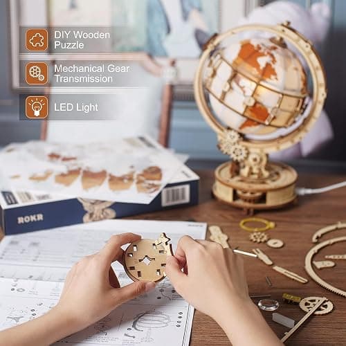 ROKR 3D Wooden Puzzles for Adults Illuminated Globe with Stand 180pcs 3D Puzzles Built-in LED Model Kit Hobby Gifts for Adults Home Decor thumbnail 5