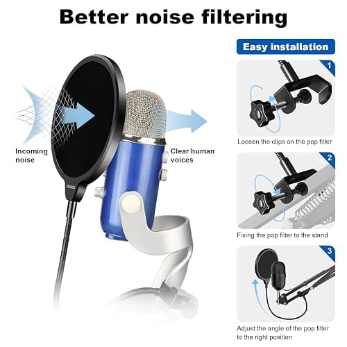 Aokeo Professional Microphone Pop Filter Mask Shield For Blue Yeti and Any Other Microphone,Mic Dual Layered Wind Pop Screen With Flexible 360° Gooseneck Clip Stabilizing Arm thumbnail 3