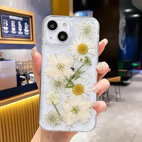 Abbery for iPhone 13 Mini/iPhone 12 Mini Clear Case with Real Pressed Flowers Design, Glitter&Sparkle Cute Dried White Floral Slim Soft TPU Protective Women Girl's Phone Cover - White Gold - for iPhone 12 Mini/iPhone 13 Mini thumbnail 3