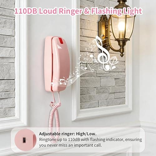 Pink Landline Phone Inspired by 90s Vintage Princess Phone with 110DB+ Loud Ringer, Retro Wall Phone No Power Required, Pink Corded Telephone for Kids/Seniors, Cute Novelty Landline Phones for Home thumbnail 5