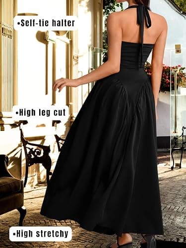 ChiaoLezhee Deep V Neck Dress, Halter Maxi Dresses, Vacation Date Night, Sexy for Women Corset Flowy Wedding Guest Drop Waist thumbnail 4