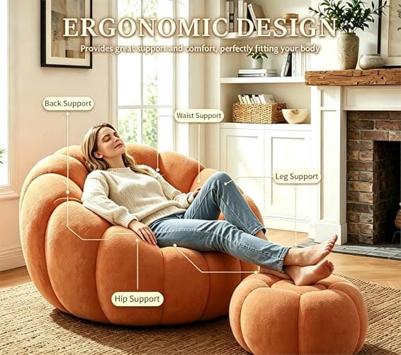 Hohamn Giant Bean Bag Chair with Ottoman, Pumpkin Shaped Boneless Chair | Plush cloud fleece fabric, ideal cozy seating for bedroom & living room, perfect reading lounge chair for daily relaxation thumbnail 5
