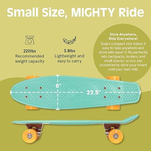 Retrospec Quip Mini Cruiser Skateboard 22.5" Classic Retro Plastic Cruiser Complete Skateboard with ABEC 7 Bearings and PU Wheels Compact Board w/Grippy, Molded Waffle Deck thumbnail 2