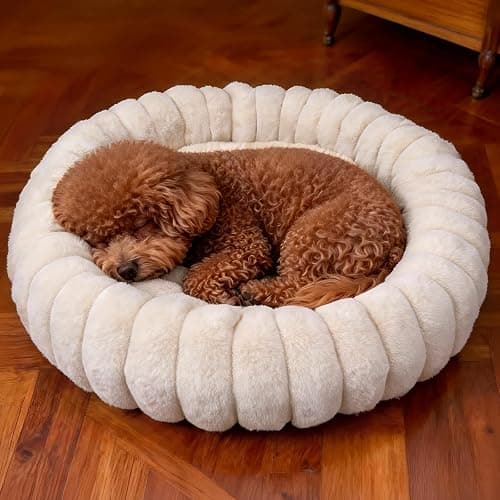 Vhen When Donut Dog and Cat Bed, Luxurious Comfortable Faux Rabbit Fur Pet Beds, Round Anti-Anxiety Calming Puppy Kitten Bed with Anti-Slip Bottom for Small Medium Dogs & Cats(20", White) - Image 1