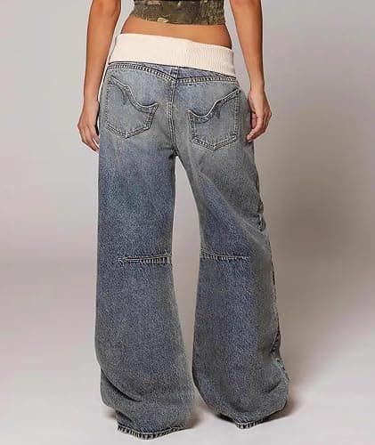 Raboolion Women's Y2K Low Waist Baggy Cargo Denim Pants Loose Fit Patchwork Wide Leg Streetwear Vintage Boyfriend Jeans thumbnail 3