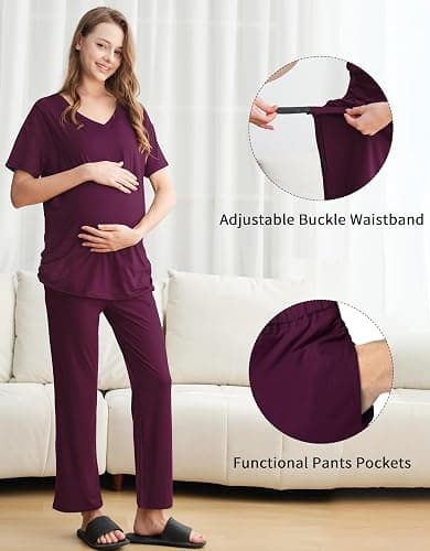 DANSHOW 3 Piece Maternity Nursing Pajamas Set Postpartum Pjs Breastfeeding Sleepwear, Adjustable Waistband thumbnail 3