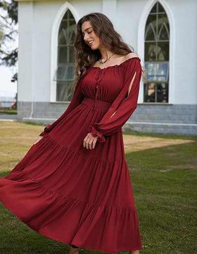 Scarlet Darkness Women Renaissance Off Shoulder Long Sleeve Smocked Waist Tiered Long Maxi Dress thumbnail 7