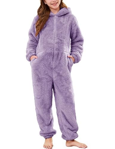 Flygo Girls Fleece Jumpsuits Fuzzy Hooded Rompers Kids Zip up Onesie Romper Costume Warm Winter Clothes 5-14 Years - Image 1