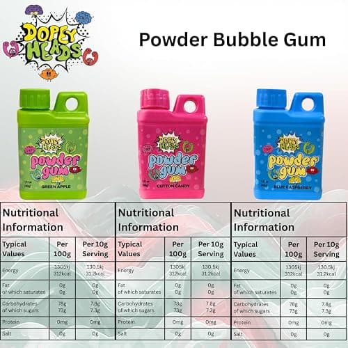 Dopey Heads | Powder Bubble Gum | HALAL | Blue Raspberry | Cotton Candy | Sour Apple | Flavoured Bubble Gum | Fruit Flavour | Sweet Gum Powder | 40g (1.41oz) Each | 3 Flavours (Pack of 3) thumbnail 2