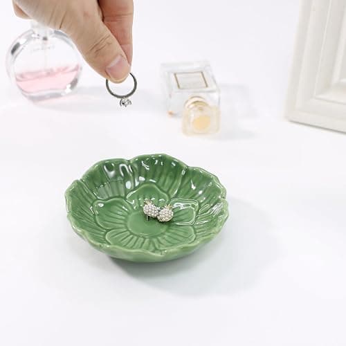 YZMICSTAR Flower Ring Dish Holder,Jewelry Dish Tray,Small Trinket Tray,Jewelry Plate Bowl,Key Bowl,Decorative Plate,Birtdhay Christmas Gifts for Women Friends,Ceramic Green thumbnail 2