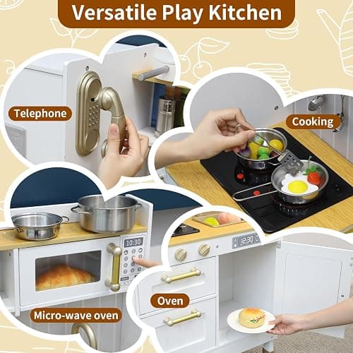 Arlopu Play Kitchen for Kids, Wooden Toy Toddler Kitchen Sets, Sturdy Pretend Cooking Playset with Storage & Accessories, Realistic Light & Sound, Stove, Fridge, Microwave, Removable Sink (White) thumbnail 7