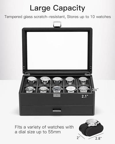 Vlando Watch Box 10 Slots, Lockable Watch Case with Textured Leather, 2 Layer Watch Holder for Rings, Glasses, Mens Jewelry Box with Glass Lid, Removable Divider, Gifts for Father, Husband, Black thumbnail 4