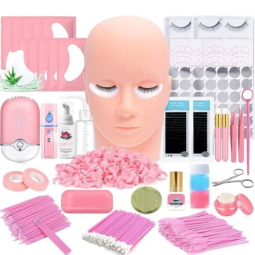 Lash Extension Kit Professional Eyelash Extensions Supplies Training for Beginners Mannequin Head Grafting Lash USB Fan Lash Shampoo Brush Spraye 0.07D Curl Mix 8-15mm Practice Eyelash Strips - Image 1