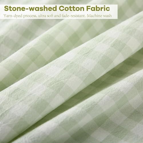 K MASANIJI Pile Green Ruffle Gingham Sheets Twin XL Size 4-Piece Set, 300TC 100% Yarn Dyed Linen Feel Cotton Sheets 18 in Deep Pocket Kids Preppy Decorative Bedding (Pile Green/White Plaid, Twin XL) thumbnail 7