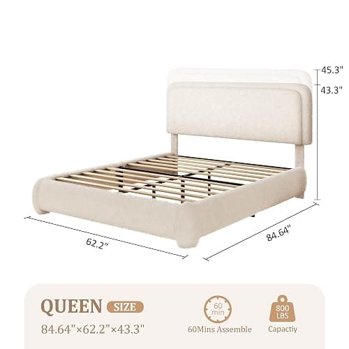 SwnftWinnt Queen Size Boucle Bed Frame with Adjustable Headboard, Upholstered Cloud Platform Bed, Anti-Collision Soft Rounded Corners, No Box Spring Needed, Easy Assembly, Noise Free, Beige thumbnail 2