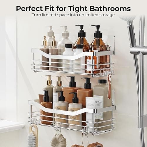 Orimade Shower Caddy Basket Shelf with 5 Hooks Adhesive Organizer Storage Rack Rustproof Wall Mounted Stainless Steel No Drilling for Bathroom, Toilet, Kitchen - 2 Pack thumbnail 9