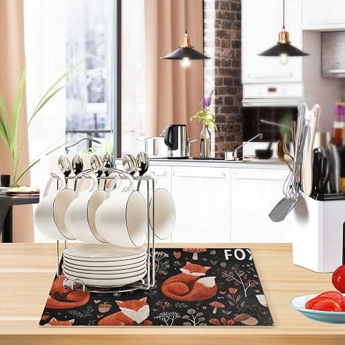QwThum Black Foxes Mushrooms Coffee Mat Coffee Bar Maker Backed Absorbent Nonslip Station Mats For Kitchen Countertop Fast Dry Washable Dish Drying Mat 18x12Inch thumbnail 6
