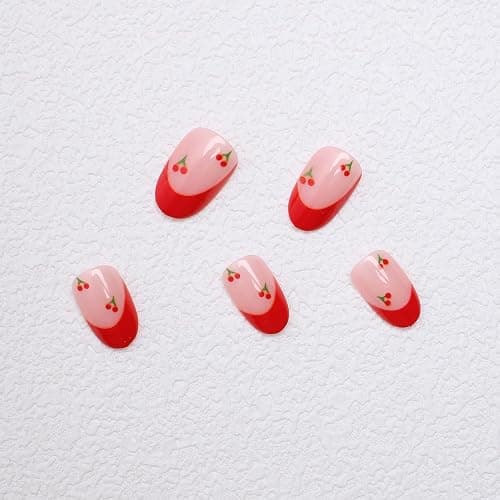 Cute Press on Nails Short Almond French Tip Fake Nails Full Cover Petite False Nails with Cherry Designs Red Glossy Glue on Nails Acrylic Nails Manicure Artificial Nails for Women Girls 24Pcs thumbnail 4