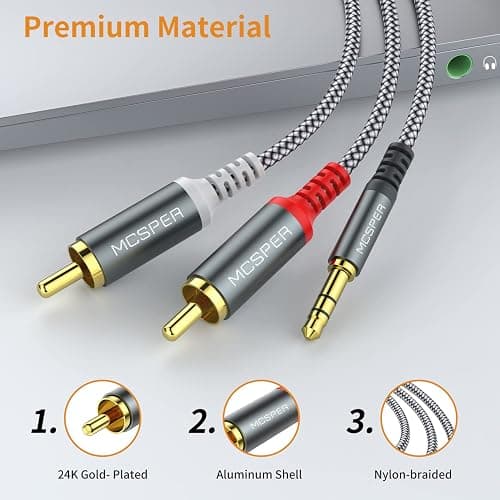 MCSPER RCA to 3.5mm AUX Cable, (6.6 Feet) 3.5 mm 1/8 to RCA 2-Male Headphone Jack Adapter Splitter Premium Stereo Audio Cord for Connects a Smartphone, Tablet, HDTV thumbnail 4