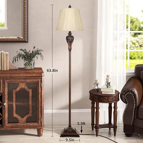 Vintage Floor Lamp for Living Room Traditional Farmhouse Tall Standing Lamp Mid-century Antique Bedroom Pole Lamp with Bell Shape Faux Silk Shade Elegant Rustic Bright Lighting for Reading Home Decor thumbnail 2