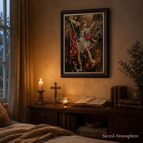 St Michael Archangel Framed Wall Art - Saint Michael Defeating Satan Painting - Catholic Religious Wall Decor for Bedroom Living Room Church, Vintage Christian Angel Canvas Print with Gold Trim Framed thumbnail 8