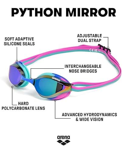 ARENA Unisex Python Racing Swim Goggles for Men and Women Anti-Fog No Leak Max Comfort Dual Strap, Mirror/Non-Mirror Lens thumbnail 3
