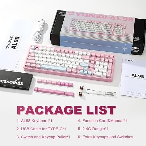 YUNZII AL98 QMK/VIA Wireless Mechanical Gaming Keyboard,Full Aluminum,BT/2.4G/USB-C, Pre-Lubed Hot Swappable Gasket Mount 1800 Layout,RGB Backlit for Win/Mac (Pink, Milk Switch) thumbnail 9