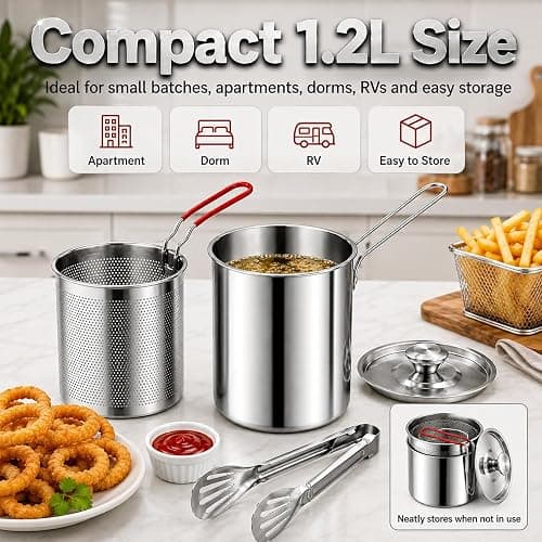 Mini Deep Fryer Pot with Basket, 1.2L Stainless Steel Fryer Set (5Pcs) | Lift-Out Strainer, Pour Spout, Lid, Tongs & Stove Rack for Fries, Chicken, Shrimp & More thumbnail 7