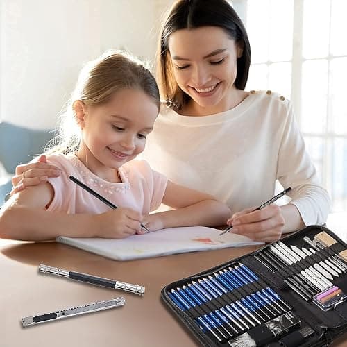 Prina 50 Pack Drawing Set Sketch Kit, Sketching Supplies with 3-Color Sketchbook, Graphite, and Charcoal Pencils, Pro Art Drawing Kit for Artists Adults Teens Beginner Kid, Ideal for Shading, Blending thumbnail 2