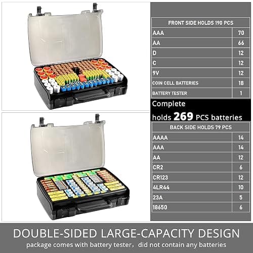 Aptbyte Battery Organizer Storage Holder Box Case with Tester- 269 Batteries Double-Sided Variety Pack, Holds AA AAA 4A C D Cell 9V 3V Lithium LR44 CR2 CR123 CR1632 18650 Button- Grey thumbnail 3