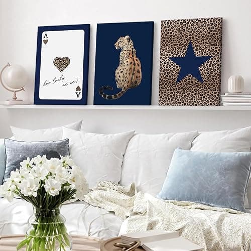 KLXCAJAM 3Pcs Navy Leopard Canvas Wall Art Cheetah Vintage Prints Wall Decor Navy Blue Star Painting Pictures Lucky Trendy Artwork for Gallery Preppy Luxury Home Decoration 12x16in thumbnail 6