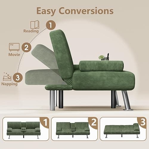 Flamaker Futon Sofa Bed Corduroy Folding Couch Adjustable Sleeper Sofa Bed for Small Apartment Upholstered Living Room Furniture Set with 2 Cup Holders Removable Armrests (Corduroy, Green) thumbnail 4