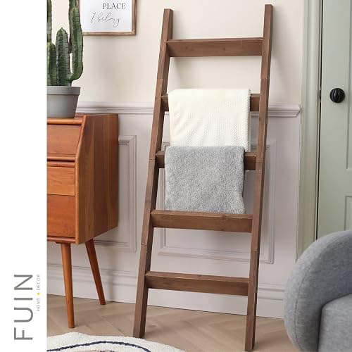 FUIN 5ft (58") Wood Blanket Ladder Living Room Decorative Wall Leaning Farmhouse Quilt Display Holder Storage Rustic Wooden Towel Rack for Bathroom, Brown thumbnail 2