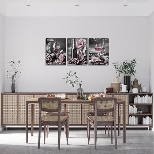 Wine Glasses Canvas Wall Art,Pink Rose Paintings Wall Decor Living Room Wine Pictures Wall Decor Artwork for Walls,Romantic Flowers Paris Eiffel Tower Hang Pictures Home Decor,Black White and Grey - Pink Black White Grey thumbnail 2