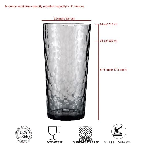 ZAINCA 24-ounce Plastic Tumblers, Acrylic Drinking Glasses High-Balls, set of 8 Grey, Reusable Plastic Cups, Hammered Style Stackable, BPA-Free, Shatter-Proof, Dishwasher-Safe thumbnail 3