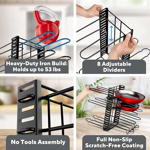 Pots and Pans Organizer Under Cabinet - 8-Tier Adjustable Pan Organizer Rack for Cabinet - Heavy-Duty Pot & Pan Organizer - Perfect to Store Pots, Pans, Lids - Easy Kitchen Organization and Storage thumbnail 5