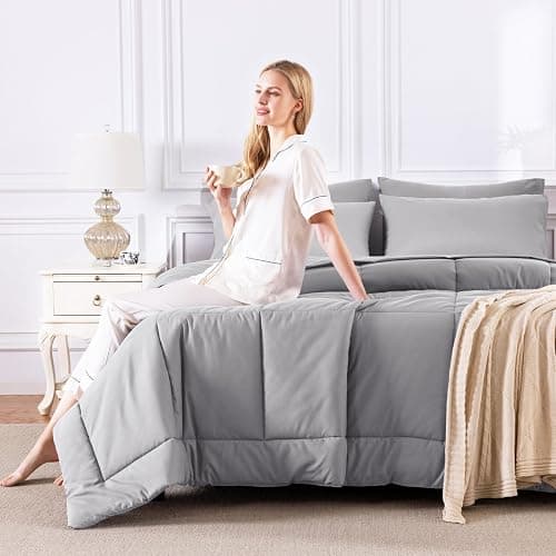 CozyLux Full Size Comforter Sets Grey, 7 Pieces Bed in a Bag, Gray Comforter Full Size, All Season Bedding Sets with Stitch Quilted Comforter, Flat Sheet, Fitted Sheet, Pillowcases thumbnail 7