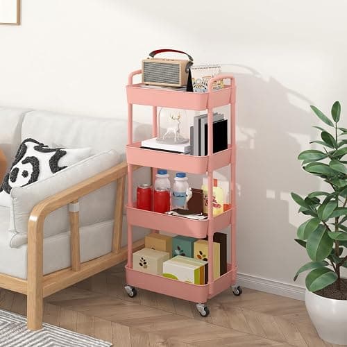 Sywhitta 4-Tier Plastic Rolling Utility Cart with Handle, Multi-Functional Storage Trolley for Office, Living Room, Kitchen, Movable Storage Organizer with Wheels, Pink thumbnail 6