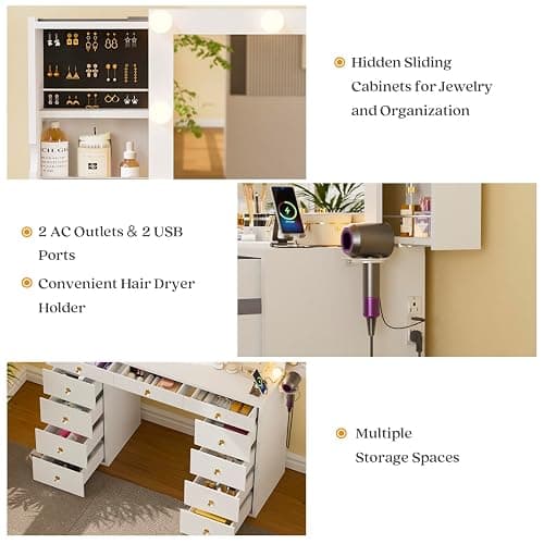 Likein Vanity Desk with Mirror and Lights, White Vanity with Hidden Jewelry Storage Cabinet, Charging Station, 11 Drawers Makeup Vanity with Lights, Crystal Knobs, 3 Color Lighting Modes for Girls thumbnail 6